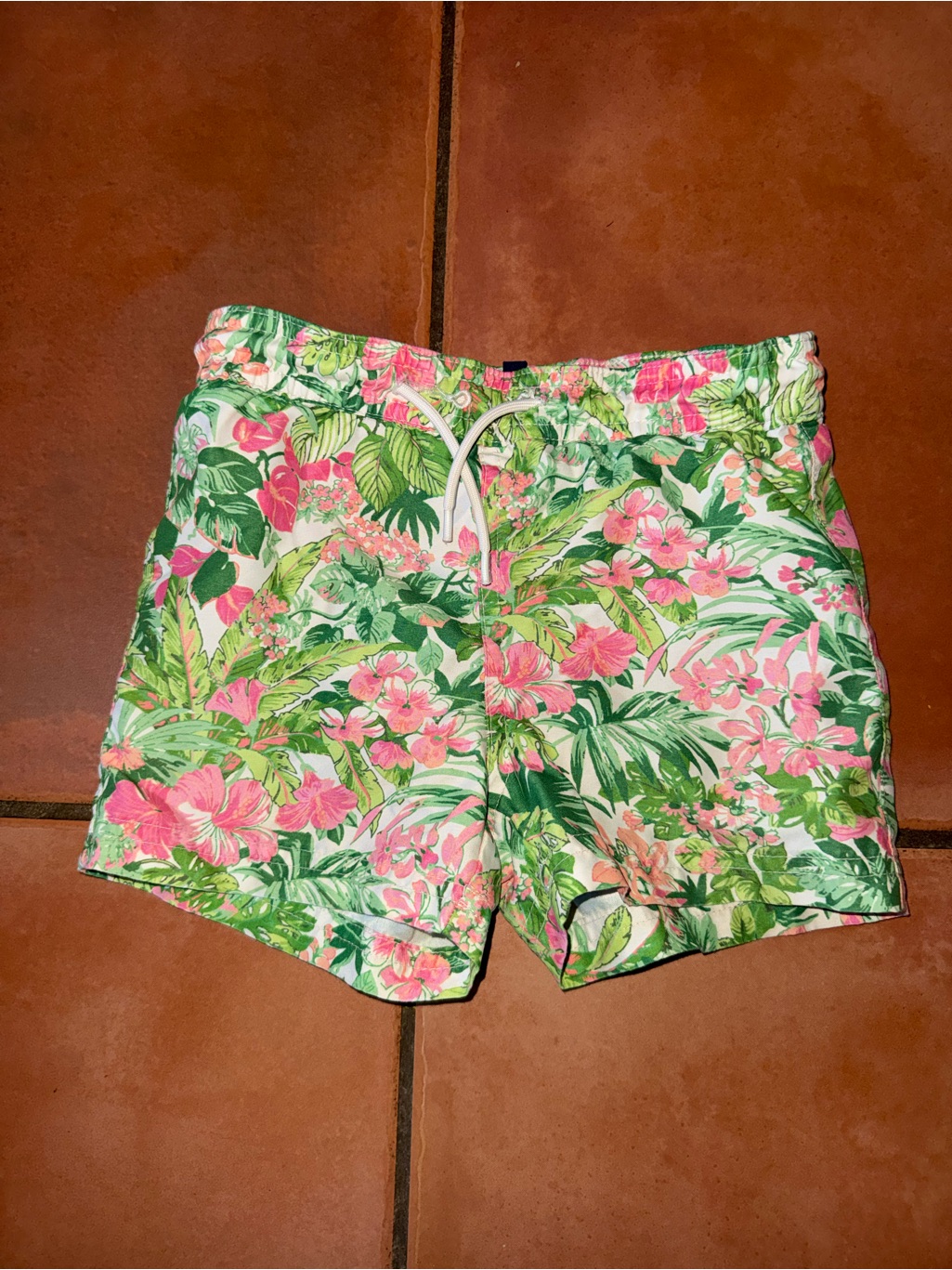 Janie And Jack Tropical Floral Swim Trunks In Pink And Green